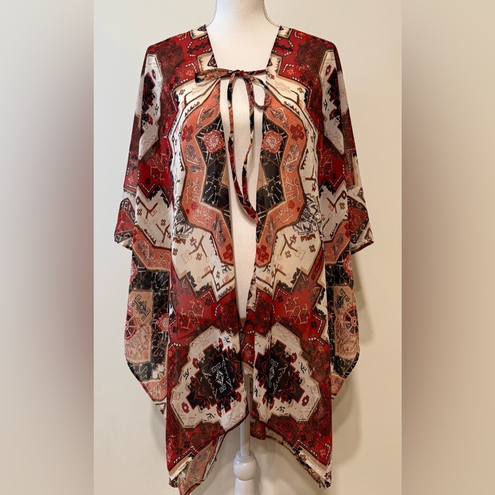 Soft Surroundings Antique Tribal Topper Lightweight Tie Front Kimono Cover-Up OS
